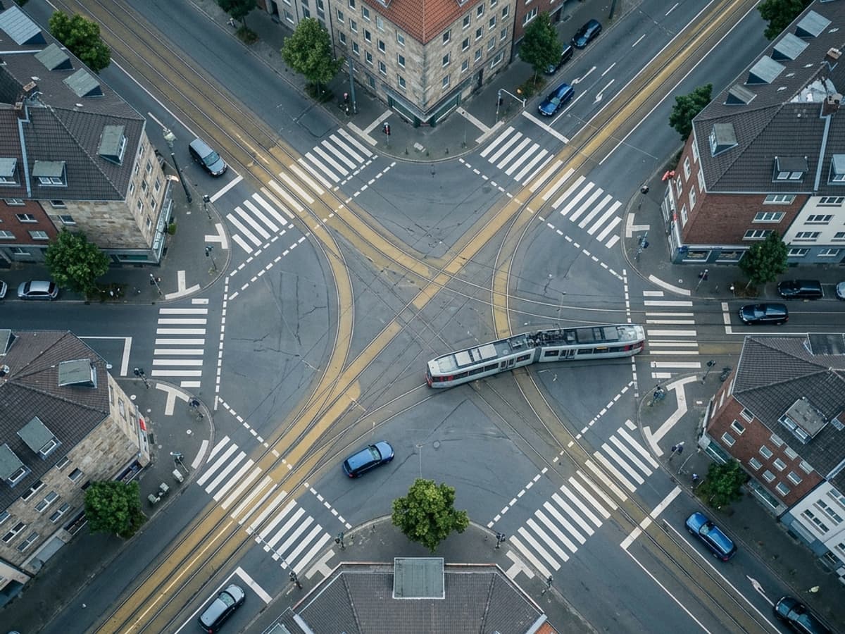 Foto: Luftaufnahme einer städtischen Kreuzung von oben, mit Zebrastreifen, einer Straßenbahn, Autos und den umliegenden Häuserblocks