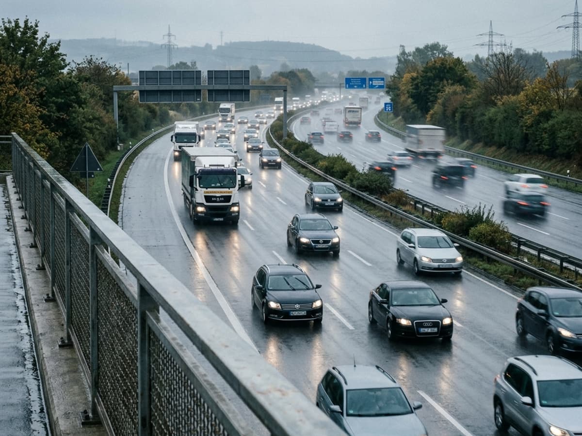 Foto: eine Autobahn bei Regen von einer Brücke aus gesehen, mehrere Fahrstreifen mit Autos und Lastwagen, in der Ferne eine Schilderbrücke