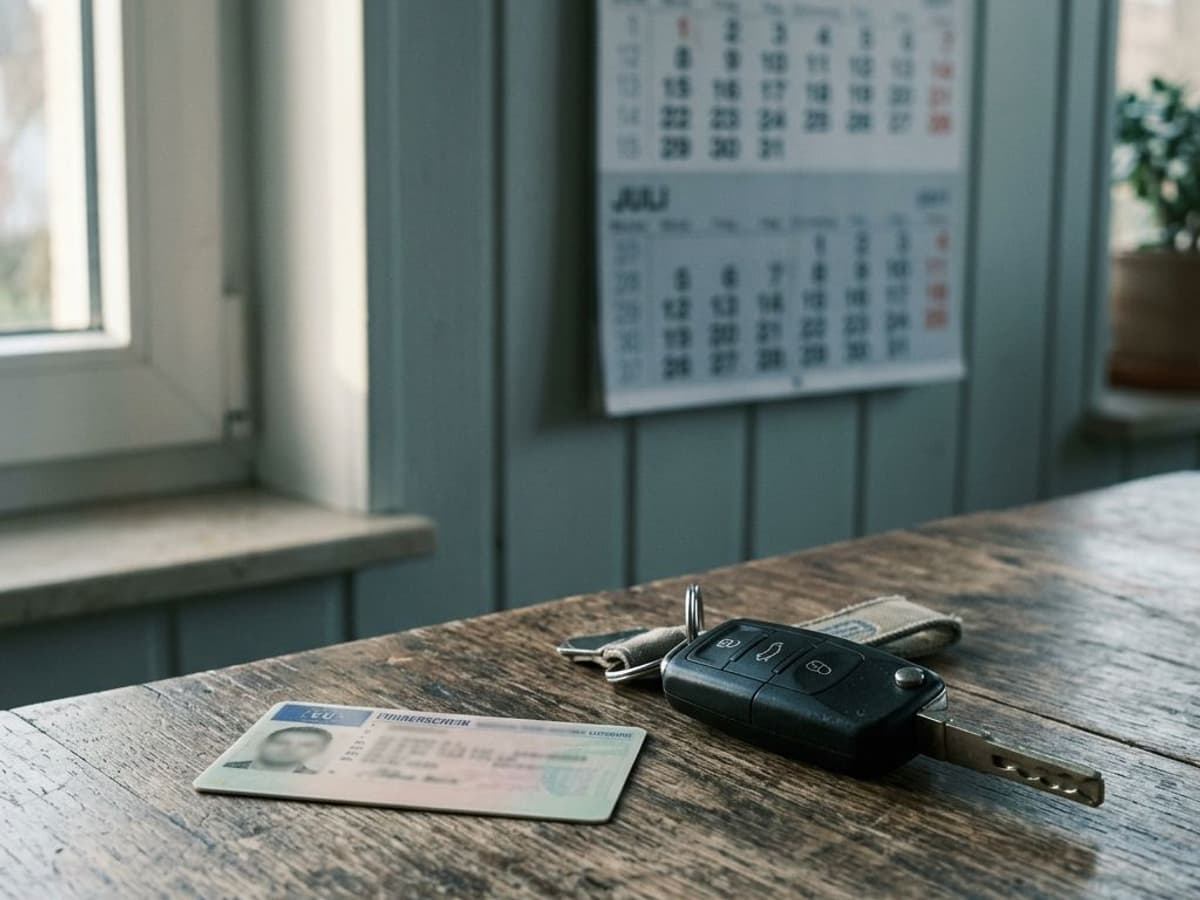Foto: ein Führerschein und ein Autoschlüssel auf einem Holztisch, im Hintergrund ein Wandkalender weich im Morgenlicht
