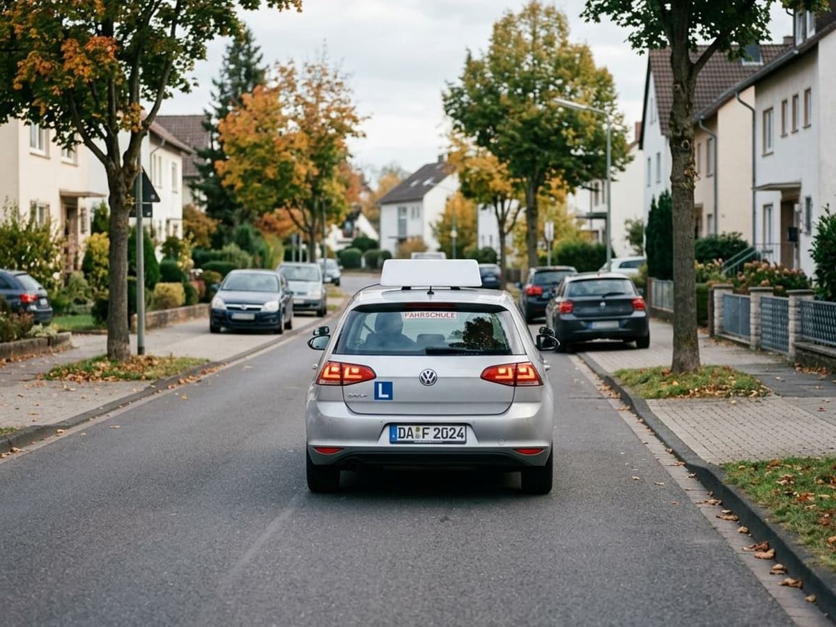Foto: ein silbernes Auto mit Dachschild fährt eine ruhige Wohnstraße hinunter, links und rechts Herbstbäume und Einfamilienhäuser