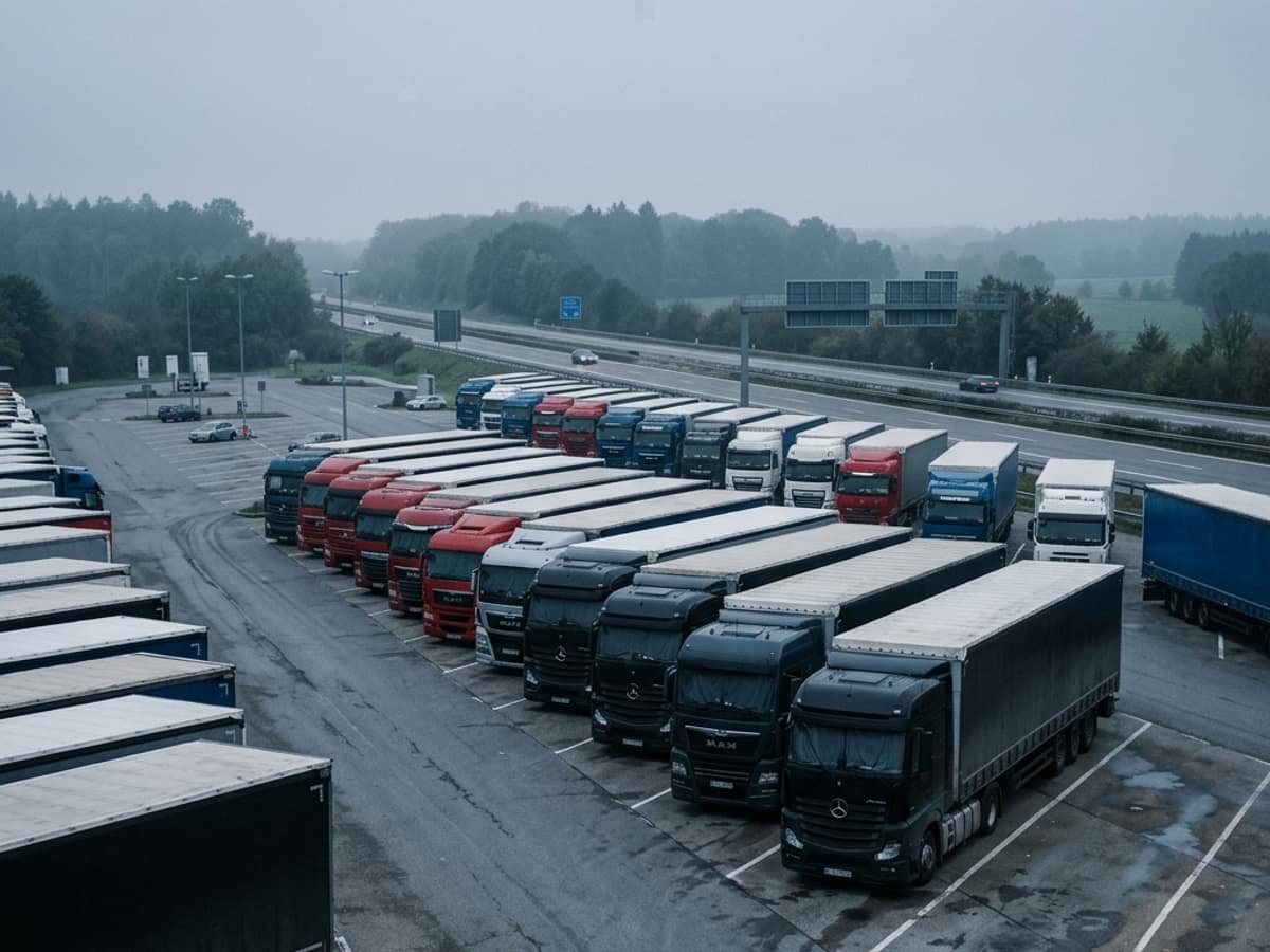 Foto: Reihen abgestellter Lastwagen mit zugezogenen Vorhängen auf einem Autobahnrastplatz im Morgennebel, dahinter die leere Autobahn