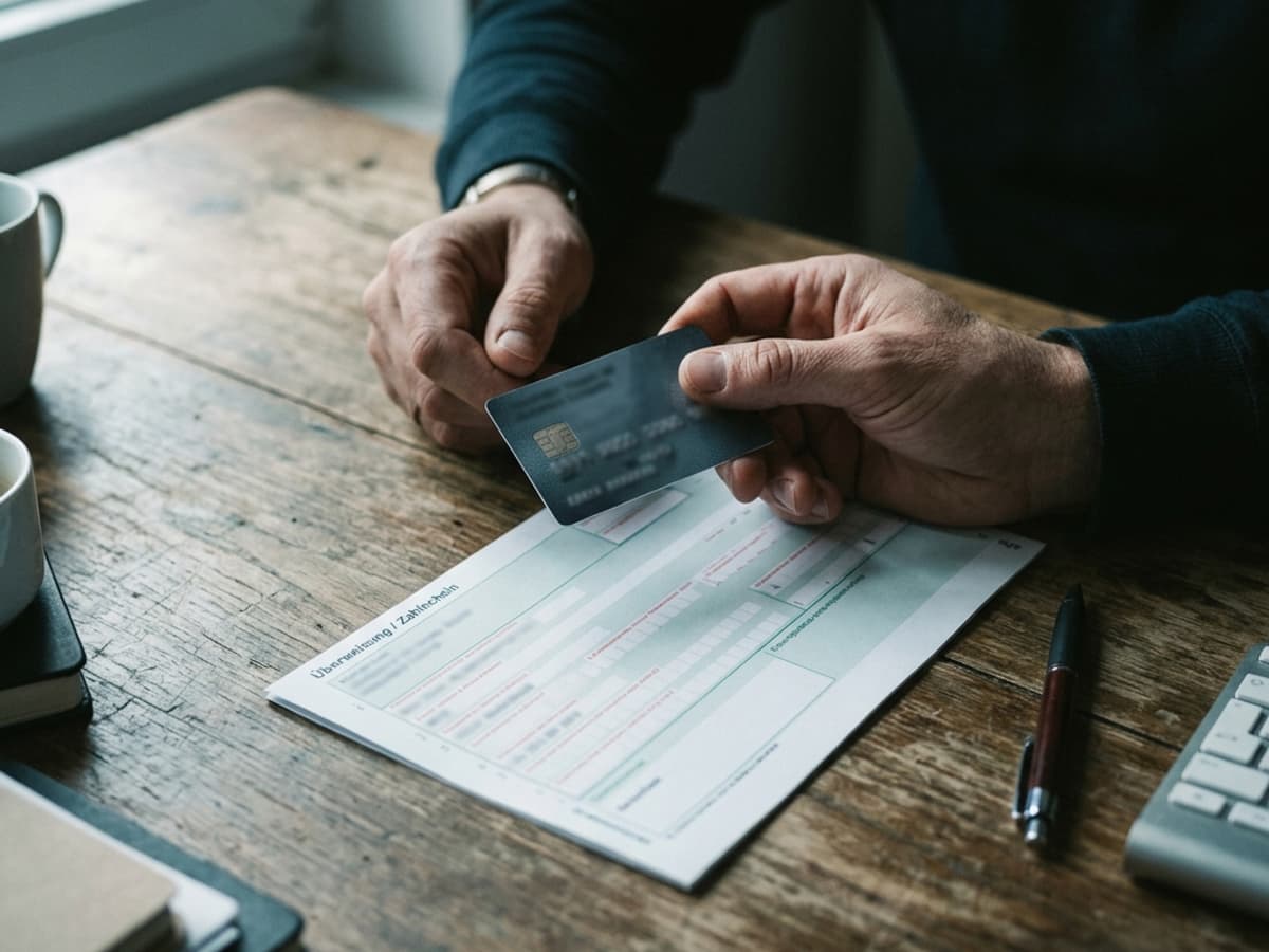Foto: zwei Hände halten eine Bankkarte über einen ausgefüllten Überweisungsvordruck auf einem Holztisch, daneben ein Stift und ein Taschenrechner